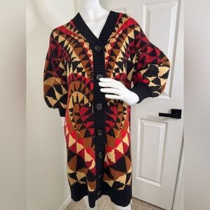 Farm Rio Geometric Patterned Cardigan Sweater - Black, Red, Brown